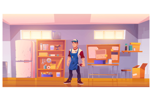 Download Repairman in Garage with Equipment for Carpentry and Repair Works - Repair Collection